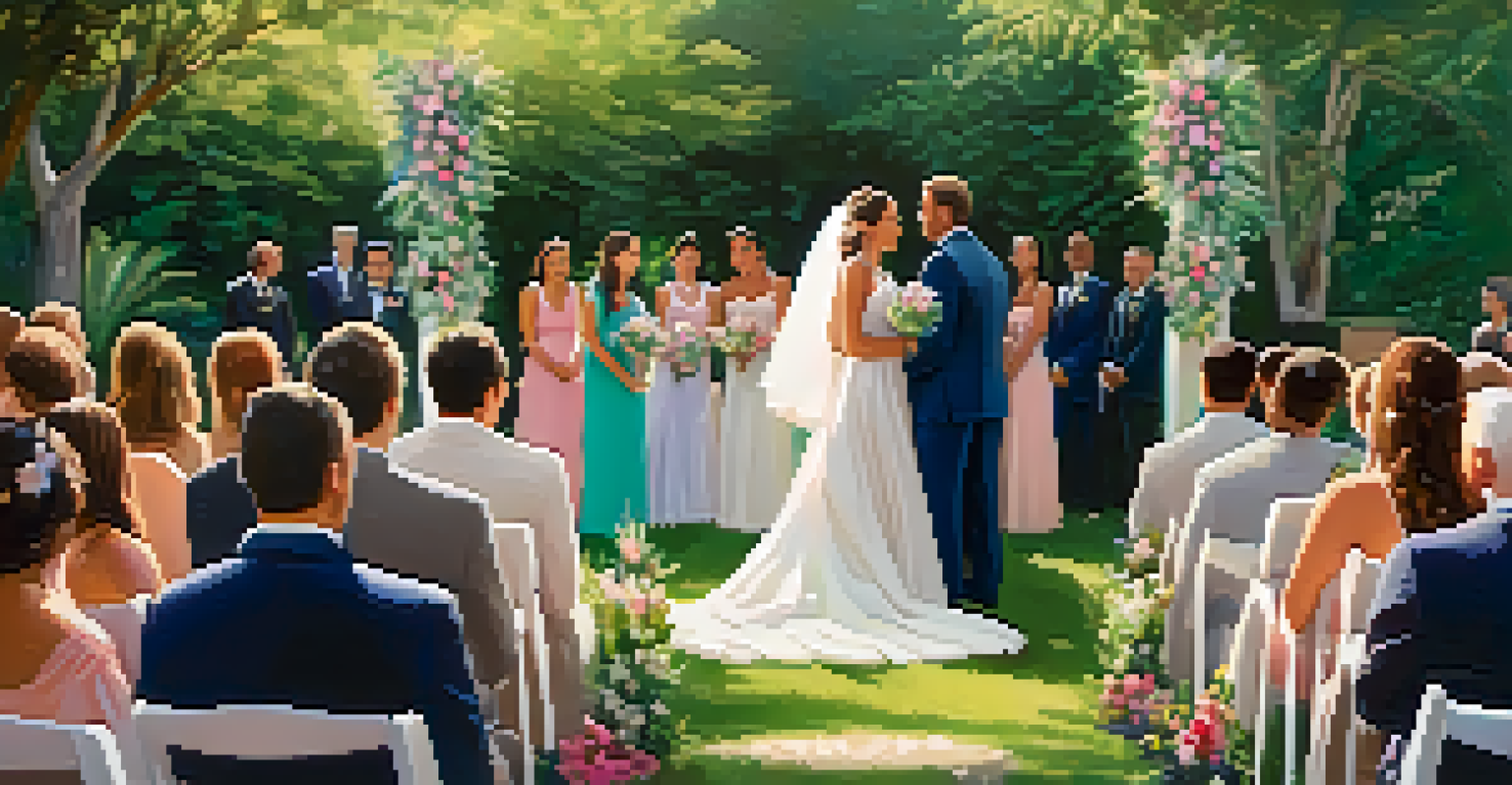 A joyful wedding ceremony in a garden with family and friends surrounding the couple, filled with flowers and natural light.