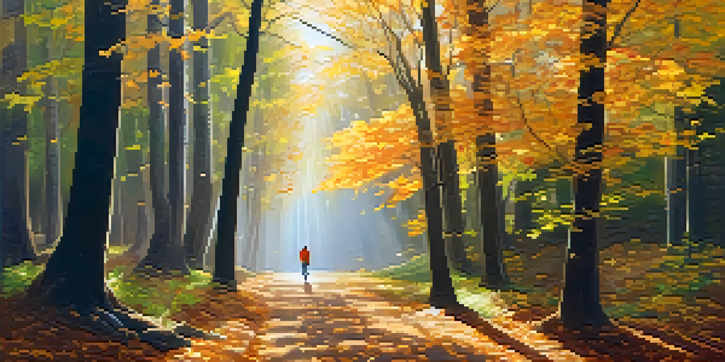 A person walking on a leaf-covered path in a forest with golden autumn leaves and sunlight filtering through the trees.