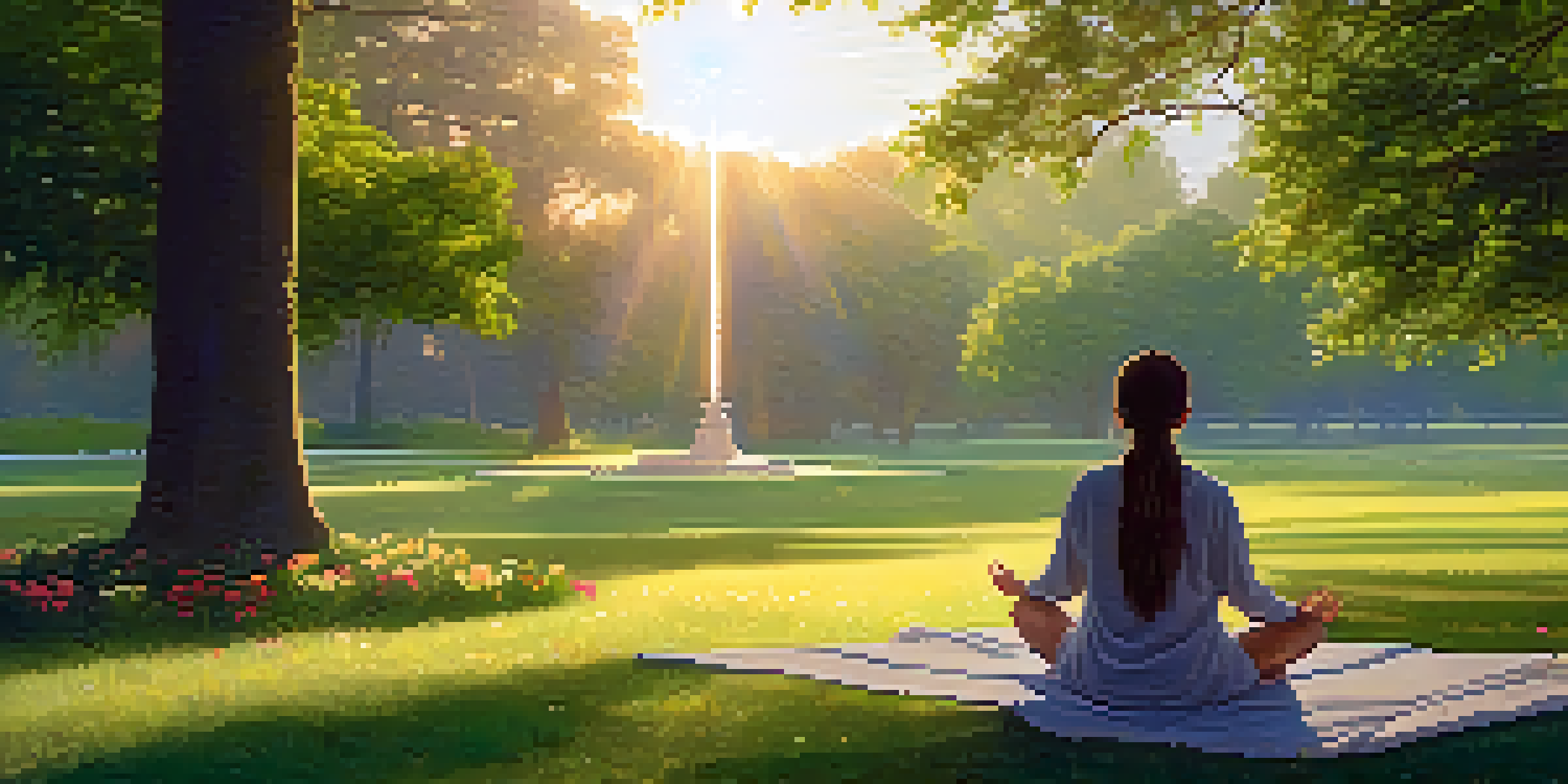 A person meditating in a park at sunrise, with golden light illuminating the grassy meadow and surrounding greenery.