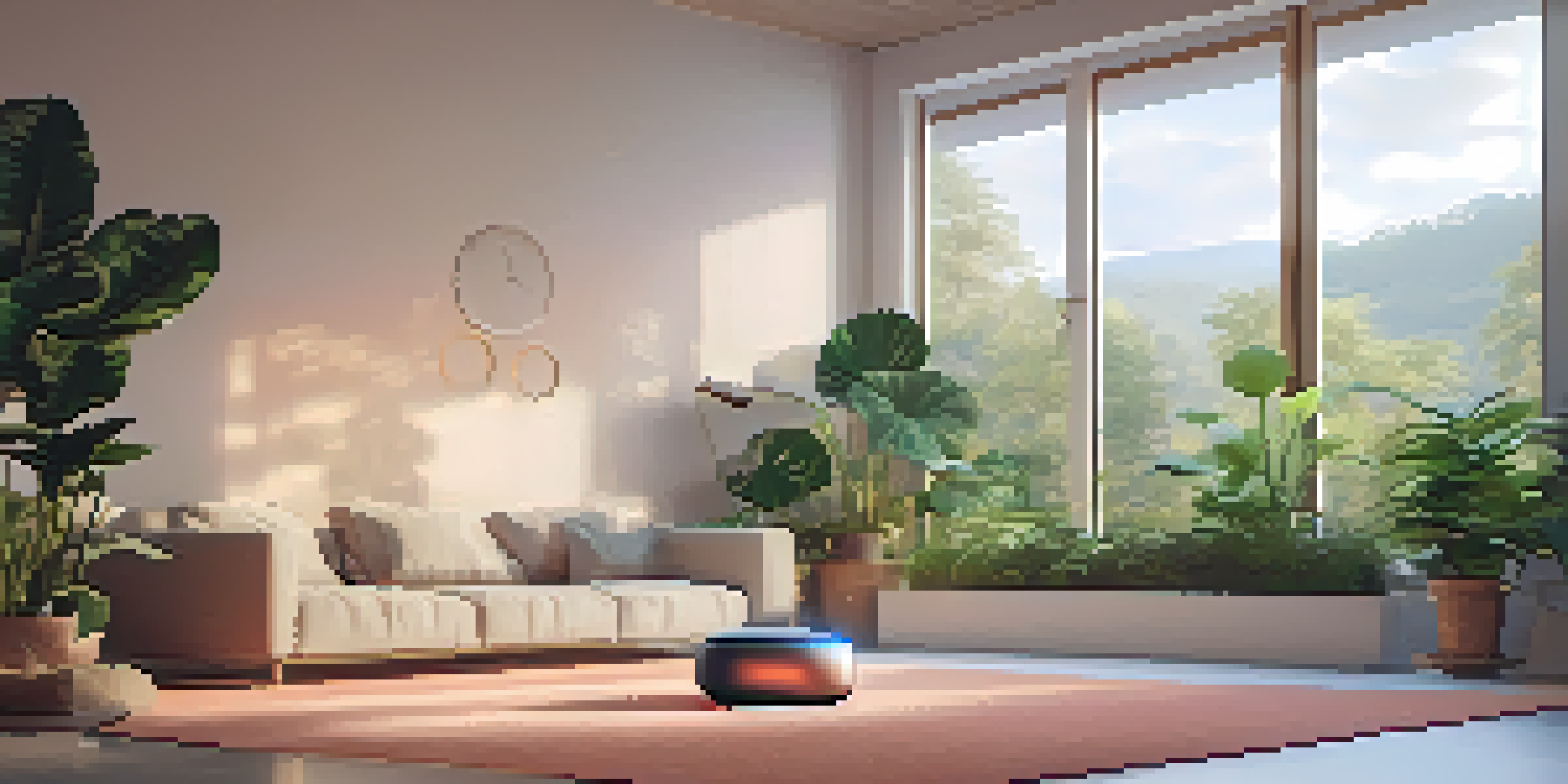A tranquil meditation space with soft lighting, cushions, and plants, showing a person meditating peacefully.