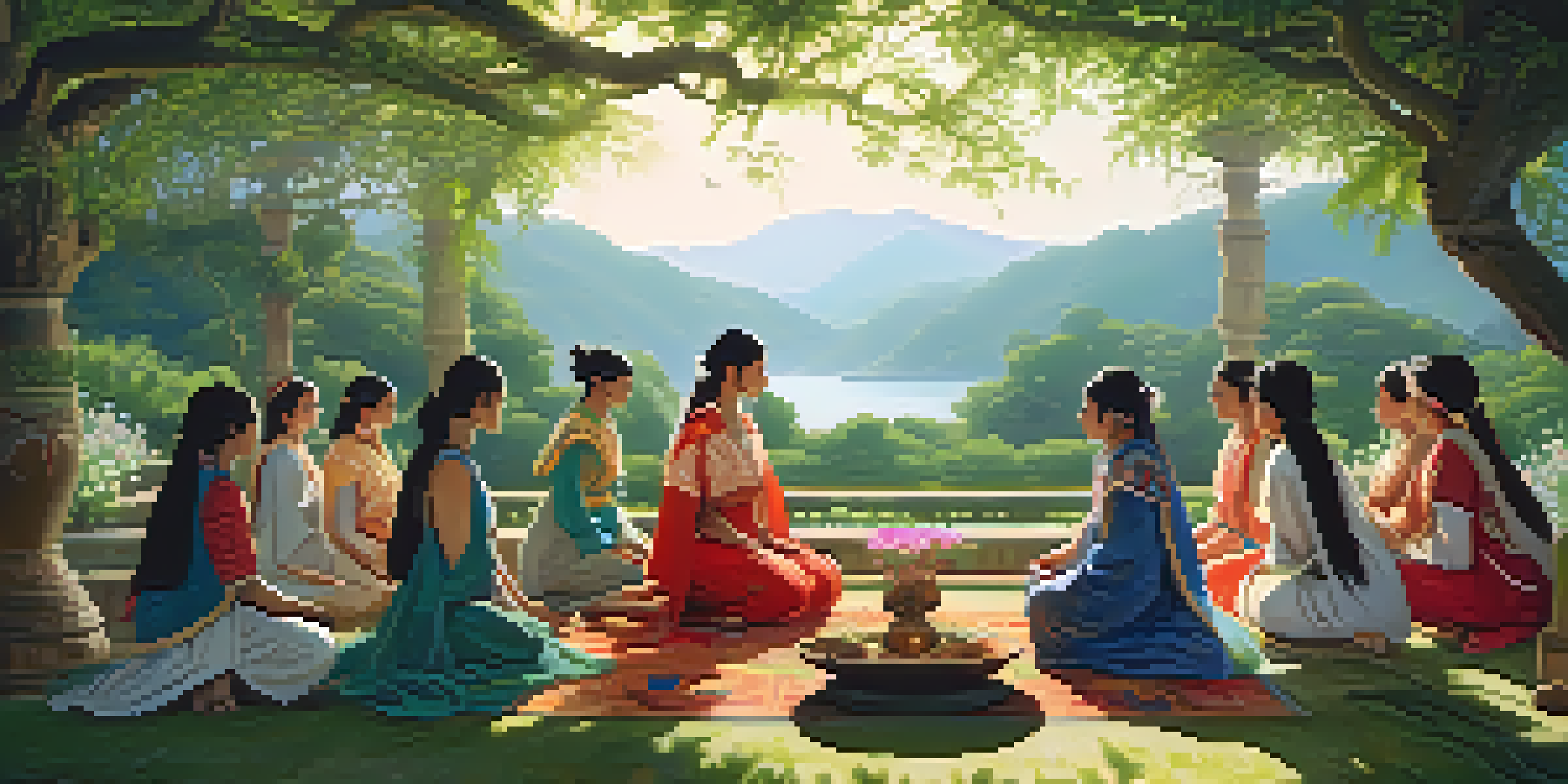 A serene scene of women in traditional clothing engaged in a fertility ritual in a lush green landscape with flowers, illuminated by soft sunlight.