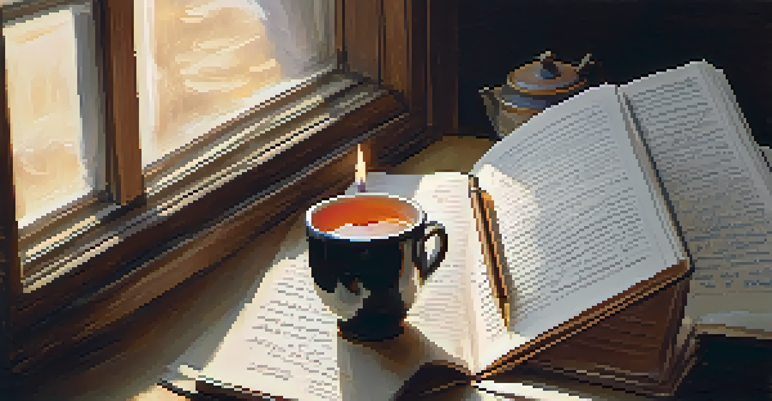 A person journaling next to a lit candle and a cup of tea, with soft natural light illuminating the scene.