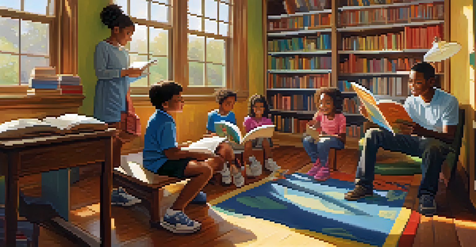 A volunteer reading to children in a colorful library corner, with sunlight filtering through the windows and children listening attentively.