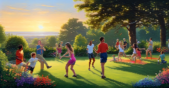 A group of diverse adults playing frisbee and laughing in a lush green park during sunset.