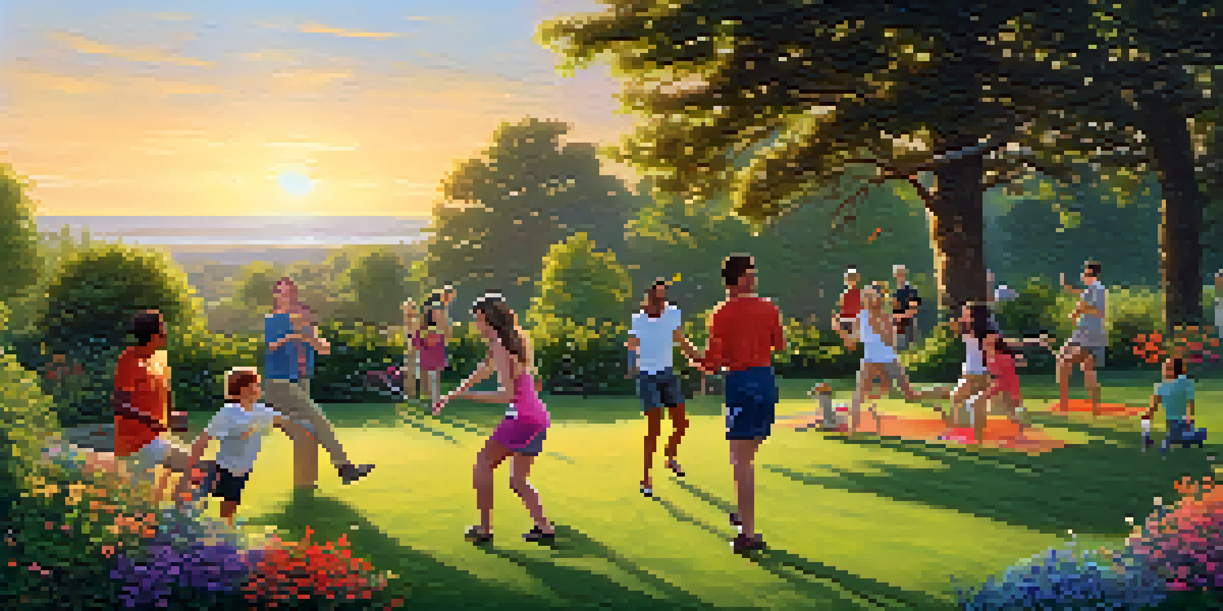 A group of diverse adults playing frisbee and laughing in a lush green park during sunset.