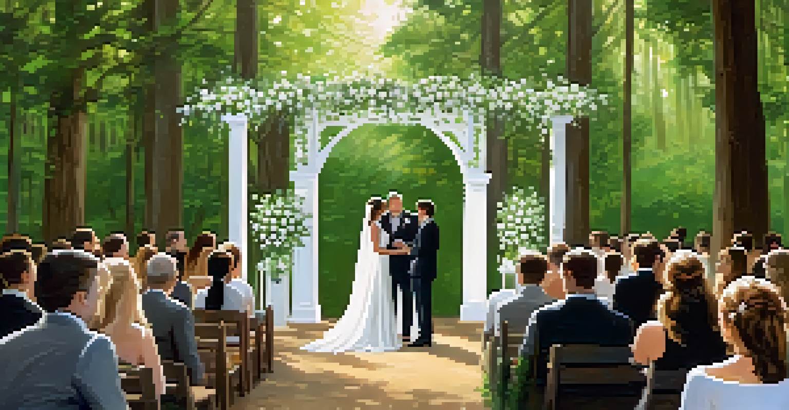 A serene outdoor wedding ceremony in a forest setting, with a couple under a decorated arch and guests seated on rustic benches.