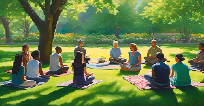 A diverse group of individuals meditating together in a park, surrounded by nature and sunlight.