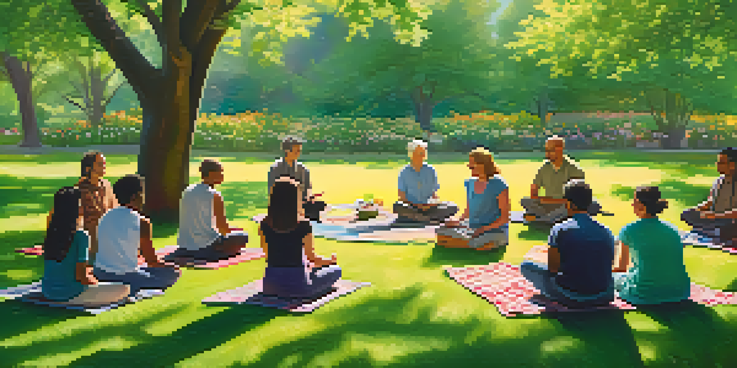 A diverse group of individuals meditating together in a park, surrounded by nature and sunlight.