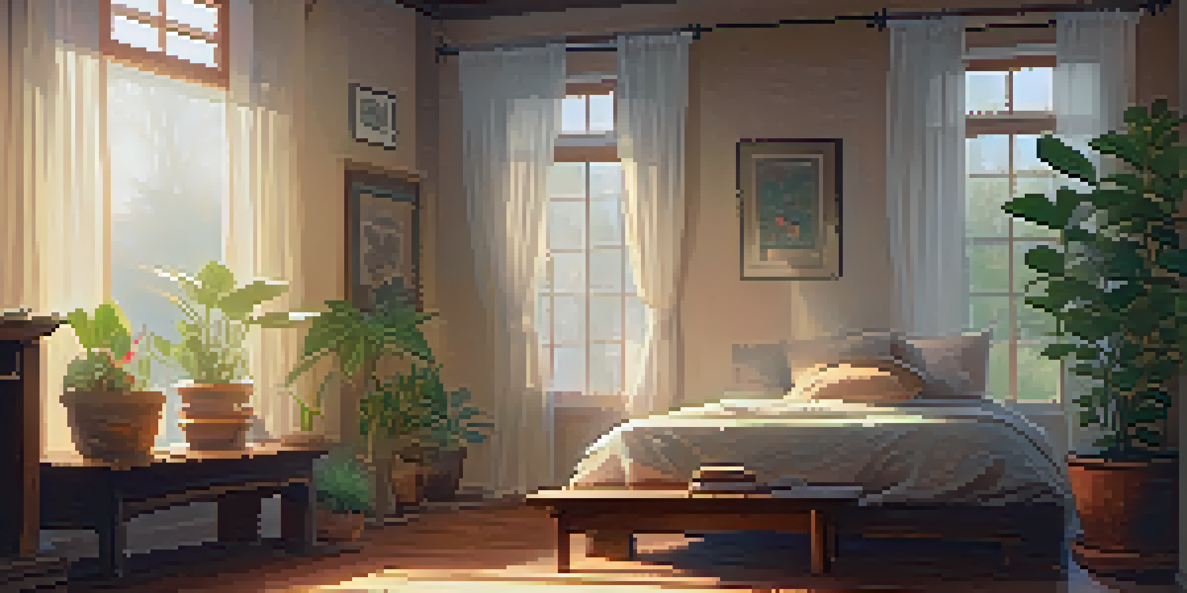 A peaceful meditation space with soft lighting, a cushion, plants, and an incense holder.