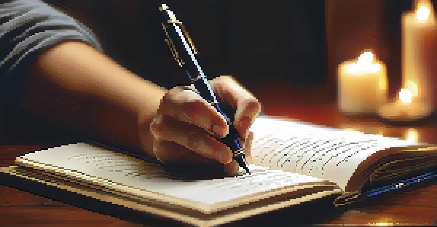 Close-up of hands writing in a journal with a fountain pen, surrounded by flickering candles and a blurred background.