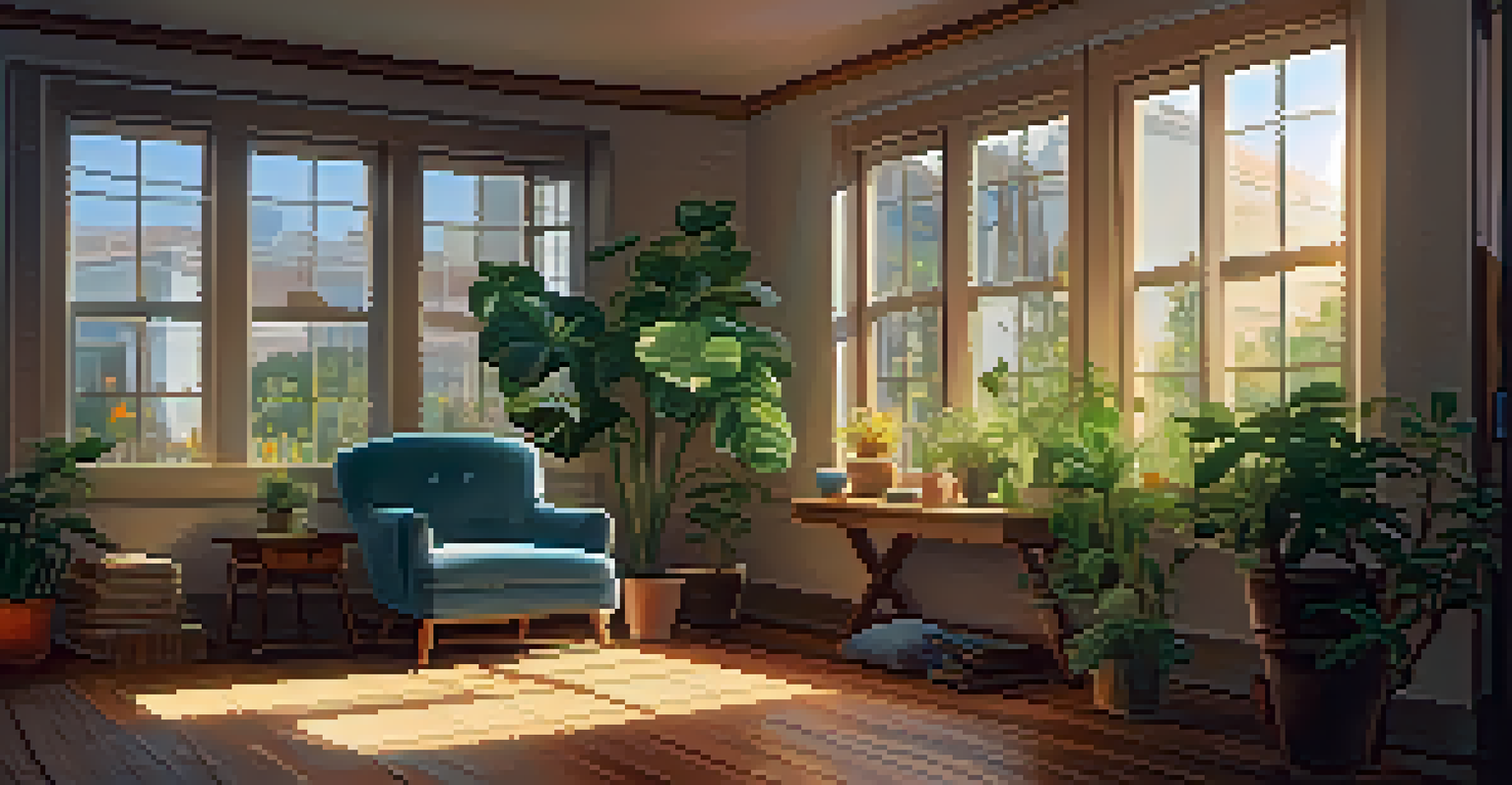 A cozy room with plants, a person reading a book about spiritual awakening, illuminated by warm light.