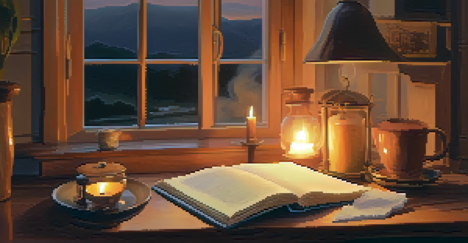 A person journaling at a wooden table with candles and tea, bathed in warm candlelight and a sunset view outside.