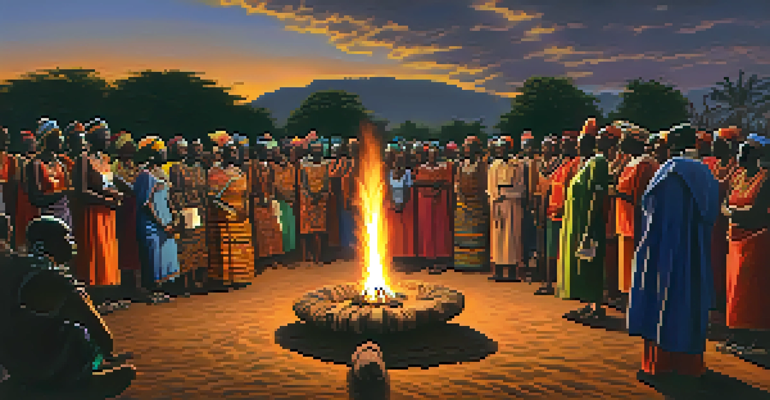A vibrant communal gathering in an African village celebrating ancestors with food, singing, and dancing around a bonfire under the stars.
