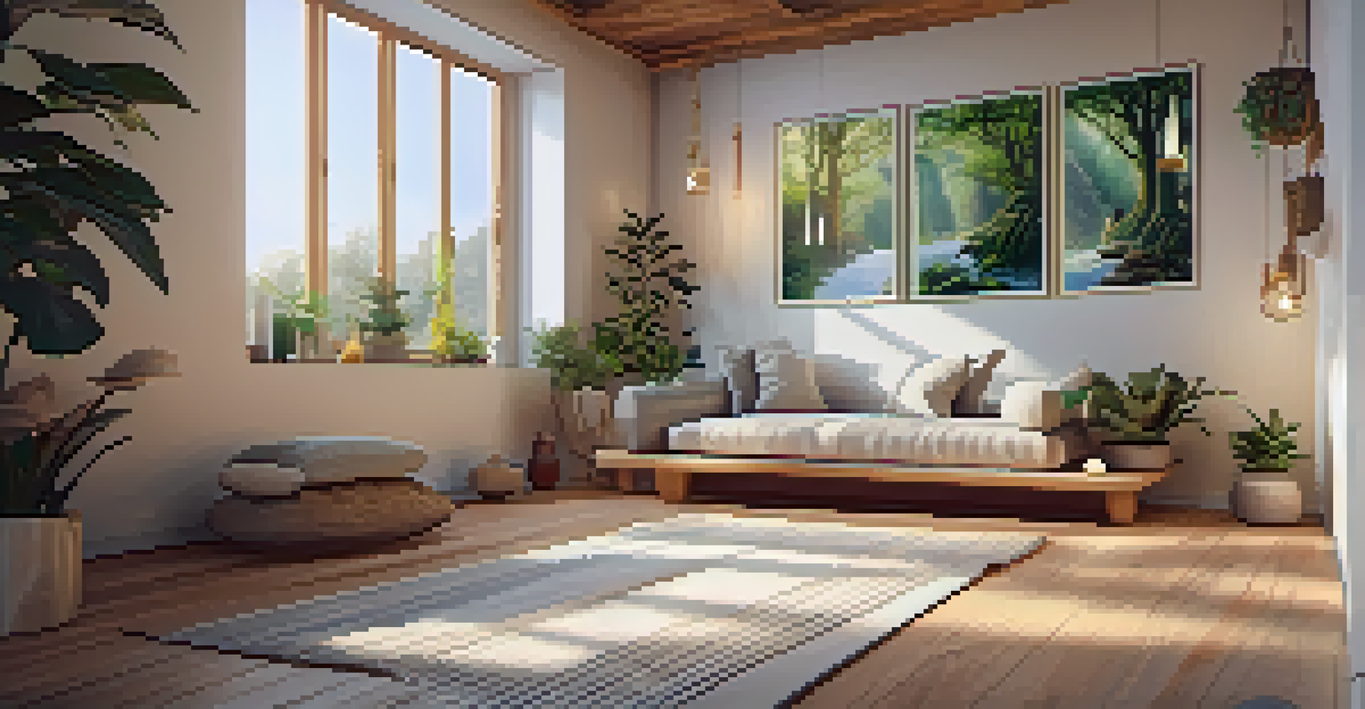 A peaceful meditation space with a cushion, plants, and candles, illuminated by soft natural light.