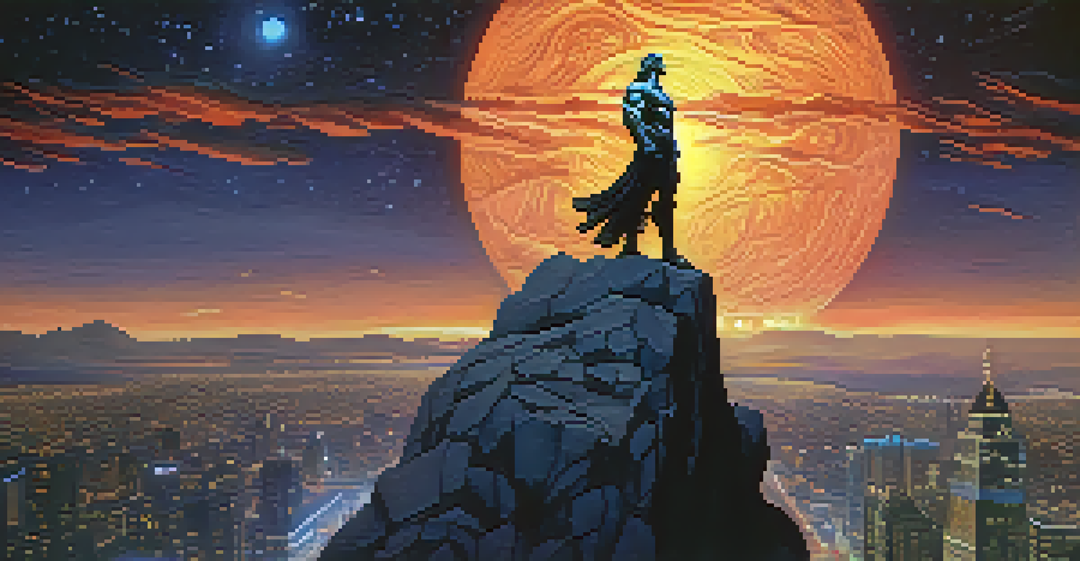 A figure on a cliff holding a flame, with a starry sky and a city silhouette in the background, blending ancient and modern elements.