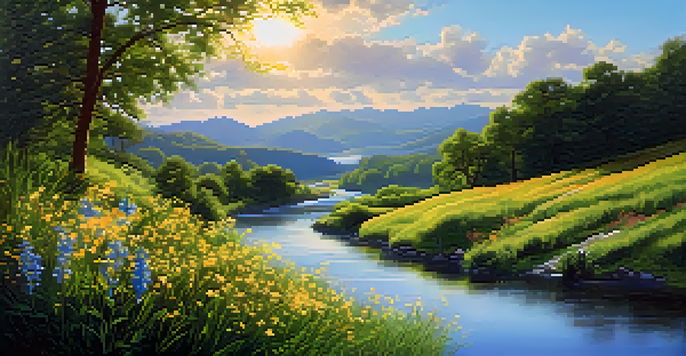 A peaceful river winding through a green valley filled with wildflowers under a bright blue sky, with a tree on a hill in the background.