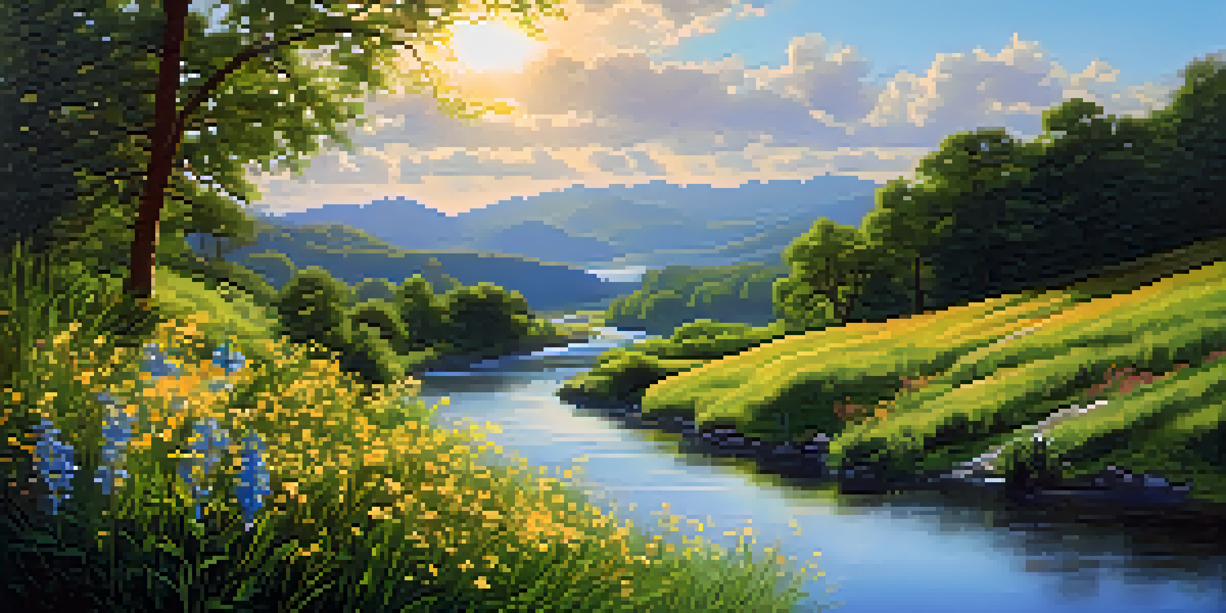 A peaceful river winding through a green valley filled with wildflowers under a bright blue sky, with a tree on a hill in the background.
