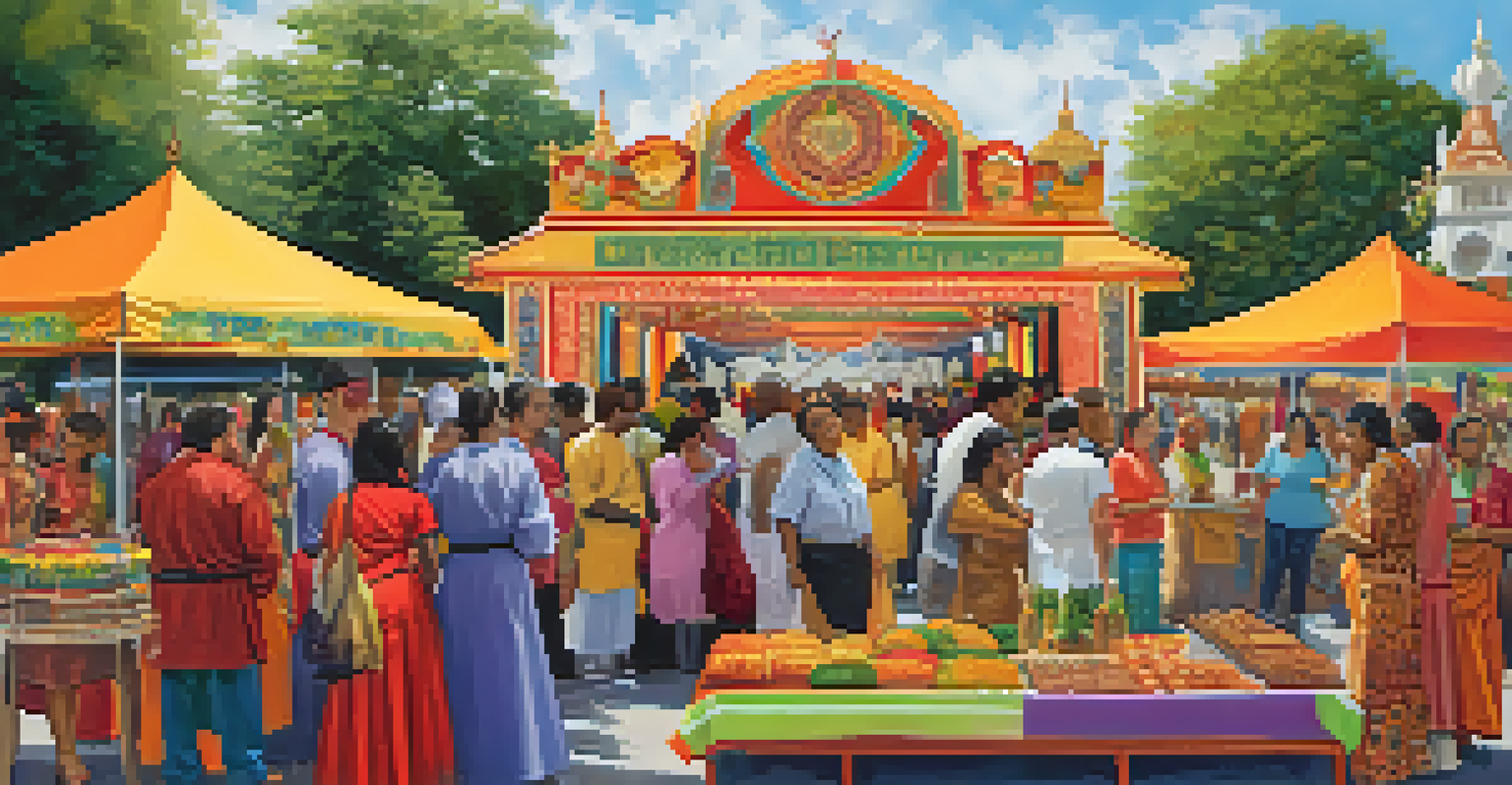 A multicultural festival with various booths and people sharing experiences and traditions.