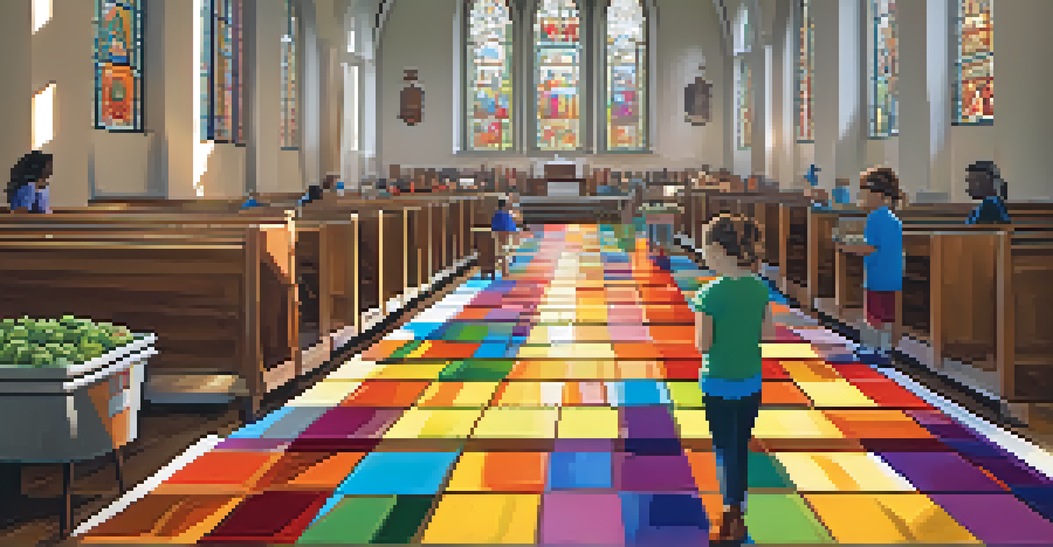 Volunteers inside a church sorting food donations for a community pantry, illuminated by stained glass windows.
