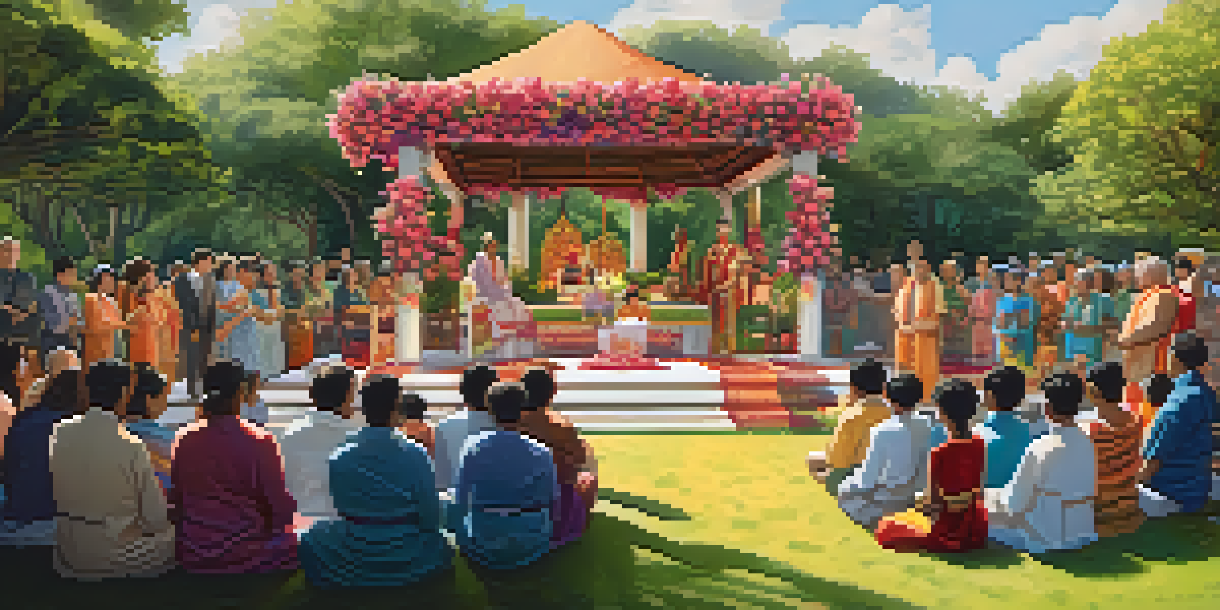 A lively outdoor naming ceremony in a garden with diverse attendees, colorful attire, and a decorated altar, showcasing joy and cultural traditions.