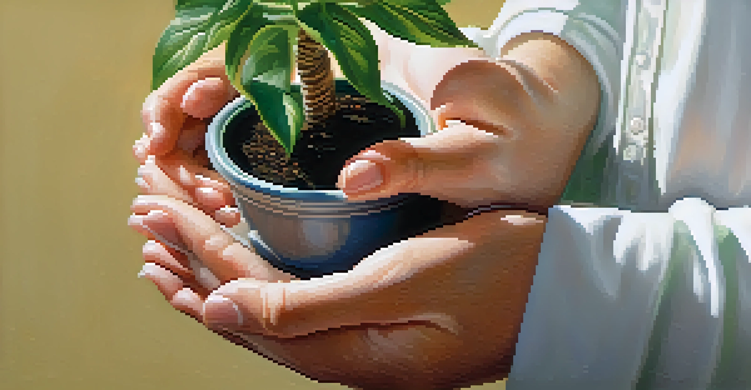 Close-up of two hands holding a small potted plant, symbolizing compassion and growth in relationships.