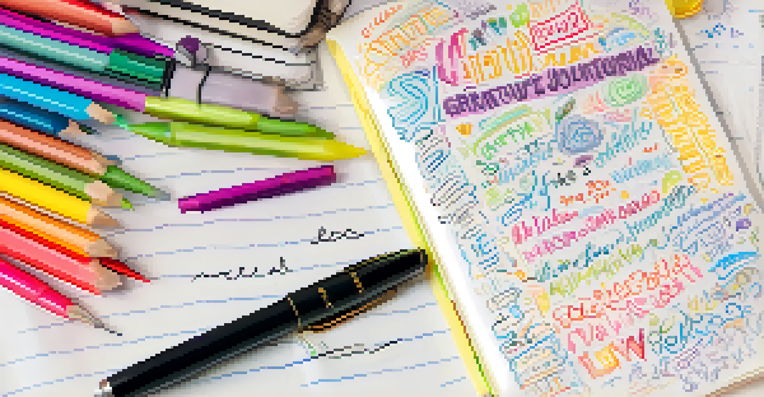A close-up of a gratitude journal page filled with colorful notes and doodles, with a fountain pen beside it.