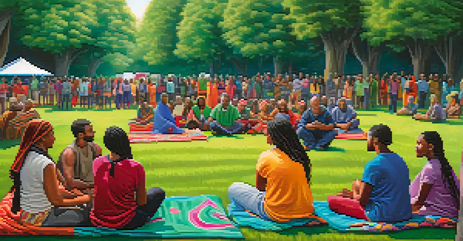 A diverse group of people sitting in a circle on grass, sharing spiritual experiences in a park.
