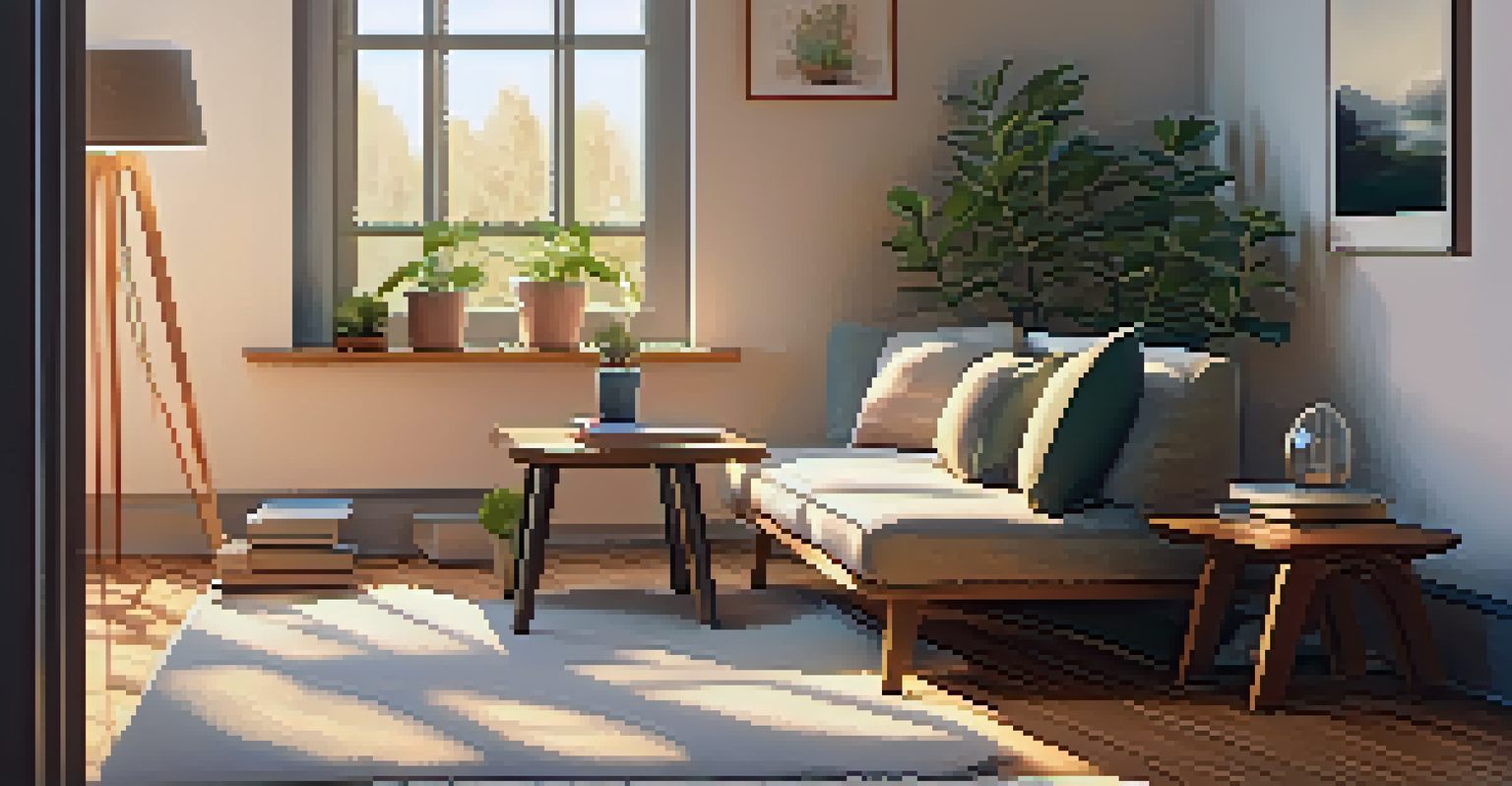 A cozy corner featuring a cushion, a candle, books, and a plant, creating a warm atmosphere for mindfulness practice.