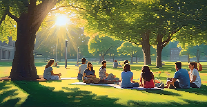 A diverse group of people sitting in a park, actively listening to each other with warm sunlight illuminating the scene.