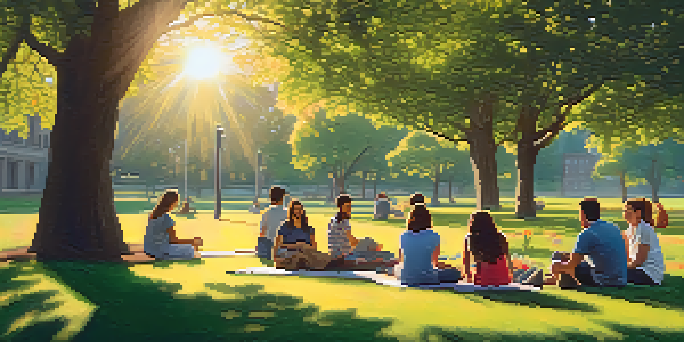 A diverse group of people sitting in a park, actively listening to each other with warm sunlight illuminating the scene.