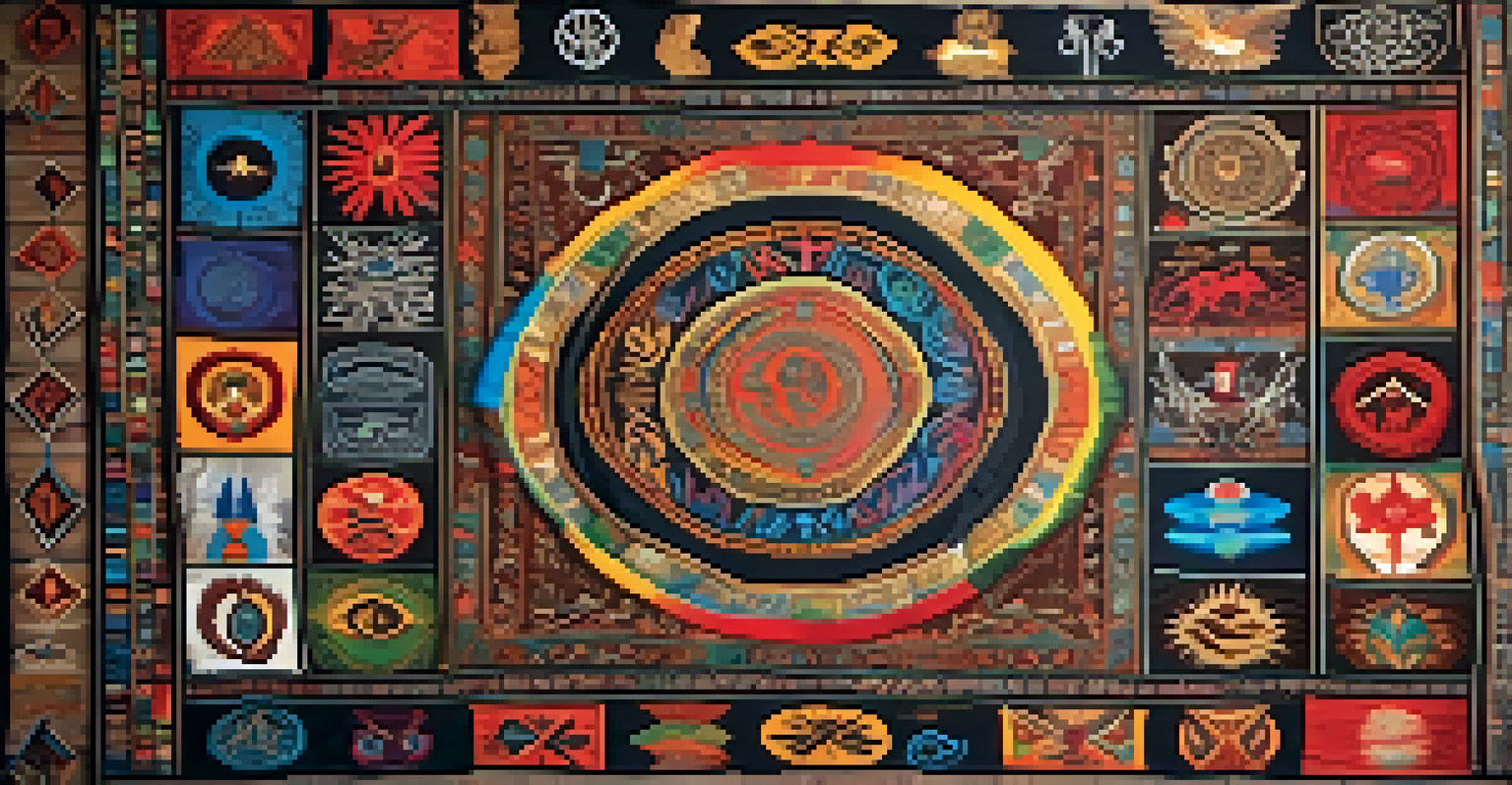A colorful tapestry with spiritual symbols from different cultures, hanging on a rustic wooden wall.