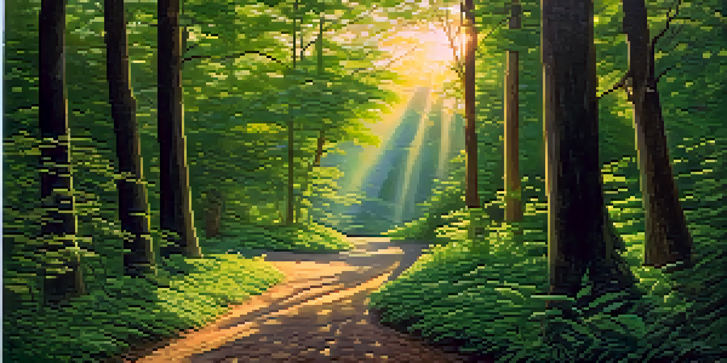 A tranquil forest with sunlight filtering through the trees, illuminating a winding path surrounded by greenery.