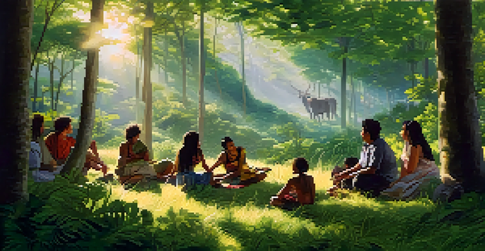 A diverse group of people gathered in a green forest, sharing stories and laughter under soft sunlight.