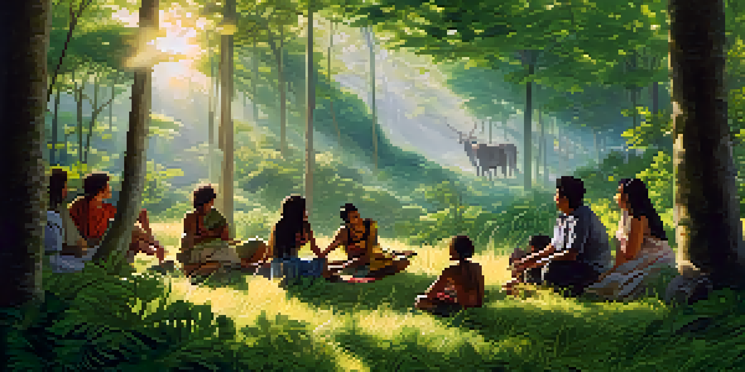 A diverse group of people gathered in a green forest, sharing stories and laughter under soft sunlight.