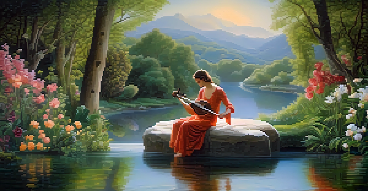 Orpheus playing a lyre in an enchanted landscape, surrounded by memories of lost loved ones, symbolizing love and longing.