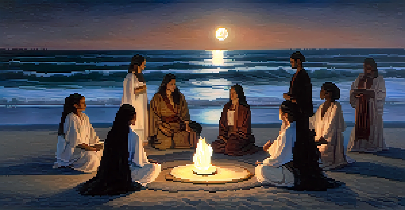 A group of people in flowing garments gathered in a circle on a beach at night, holding candles under a bright full moon.