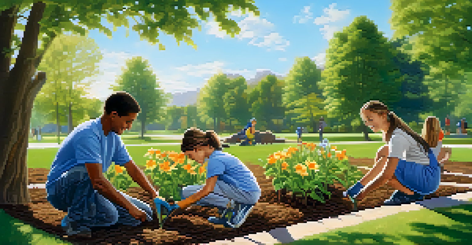 A family planting flowers in a park, showcasing shared values of kindness and unity under a bright sun.