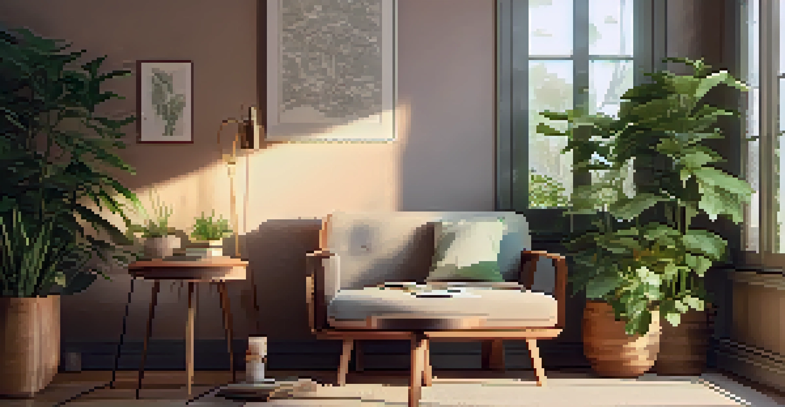A cozy mindfulness corner with a chair, plants, soft lighting, and a candle.