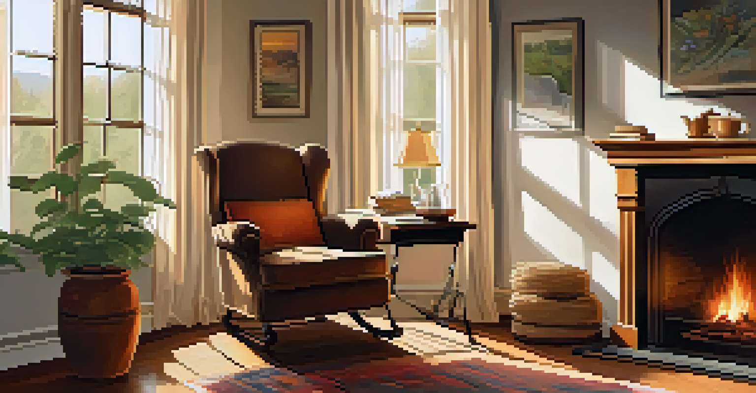 A cozy room with a warm fireplace, a chair, and a table with a gratitude journal and tea.