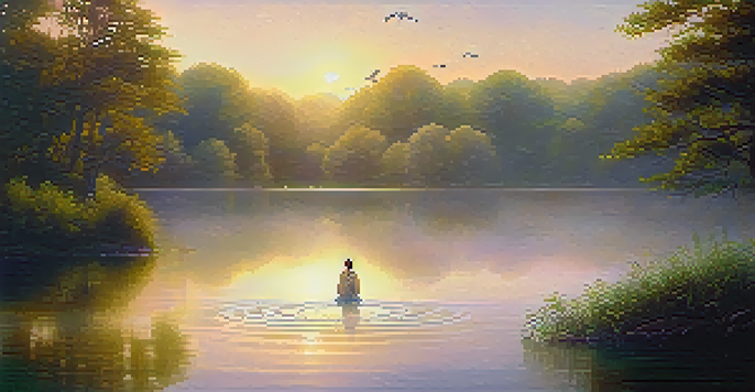 A person meditating by a calm lake at sunrise, surrounded by greenery and mist, with reflections of the sun on the water.