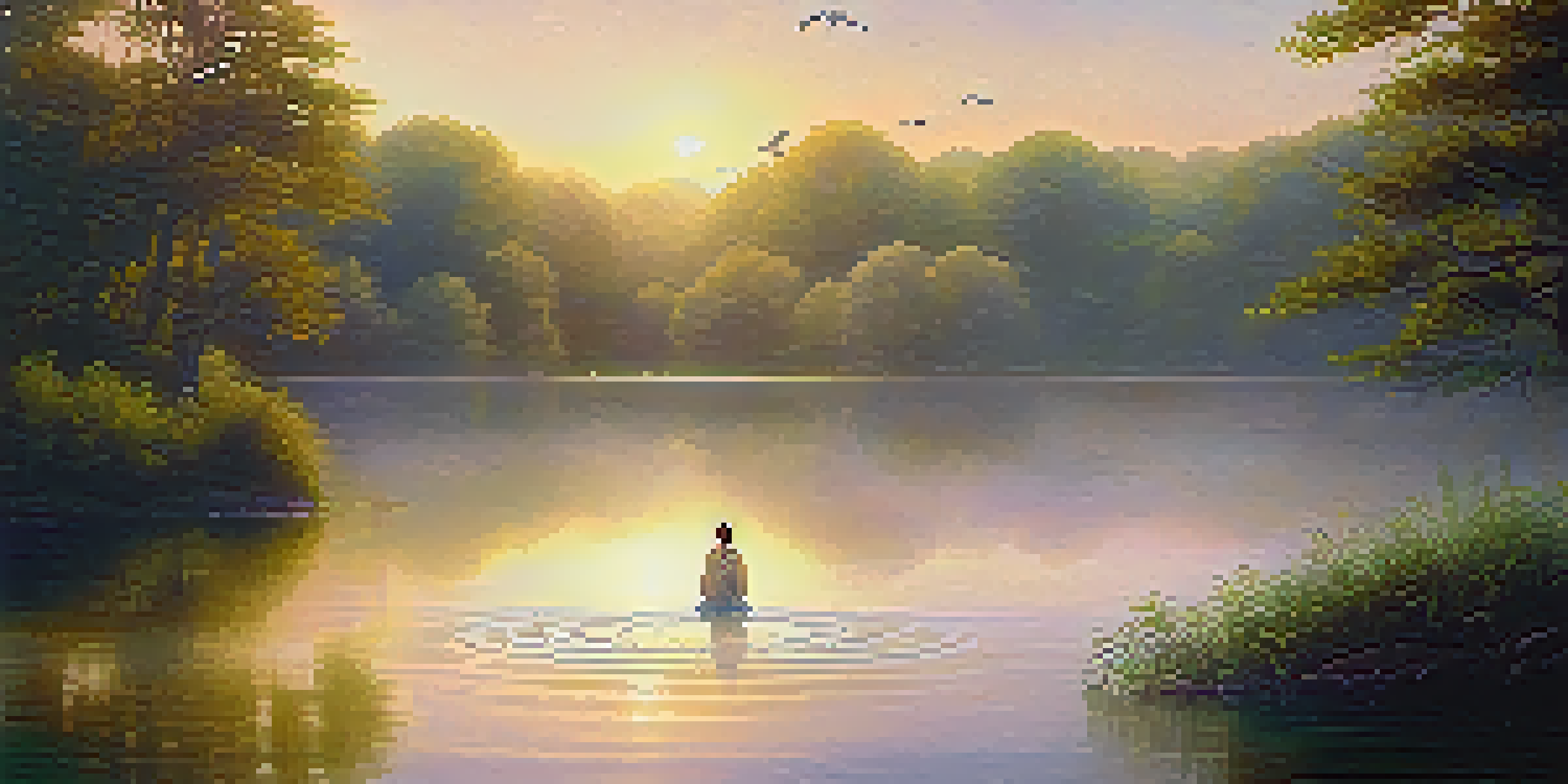 A person meditating by a calm lake at sunrise, surrounded by greenery and mist, with reflections of the sun on the water.