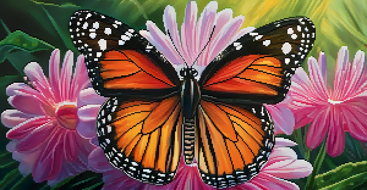 A close-up of a butterfly on a colorful flower, with morning dew glistening on the petals.