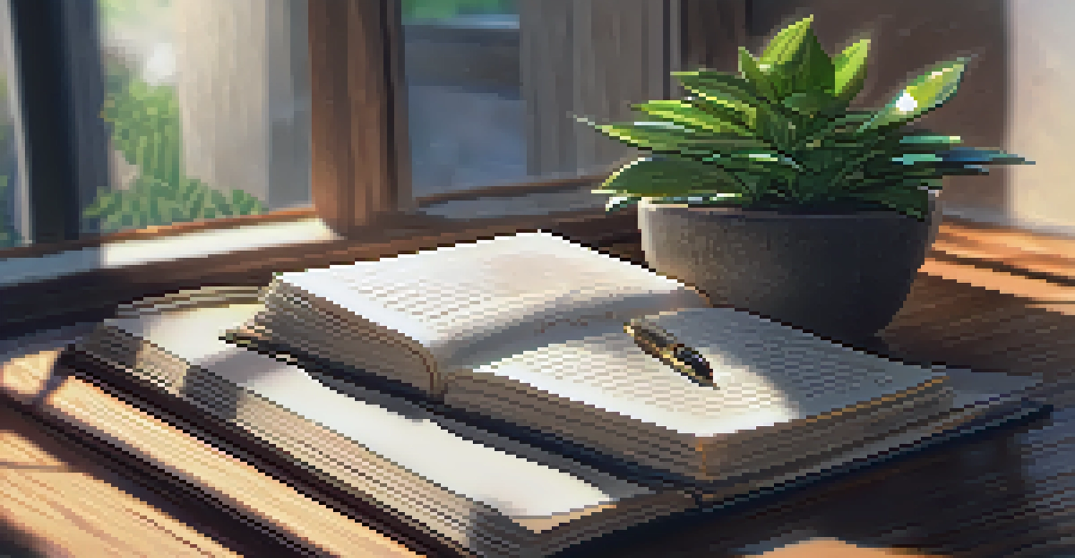An open journal with a pen on a wooden table, sunlight casting shadows, and a plant in the background, symbolizing reflection.