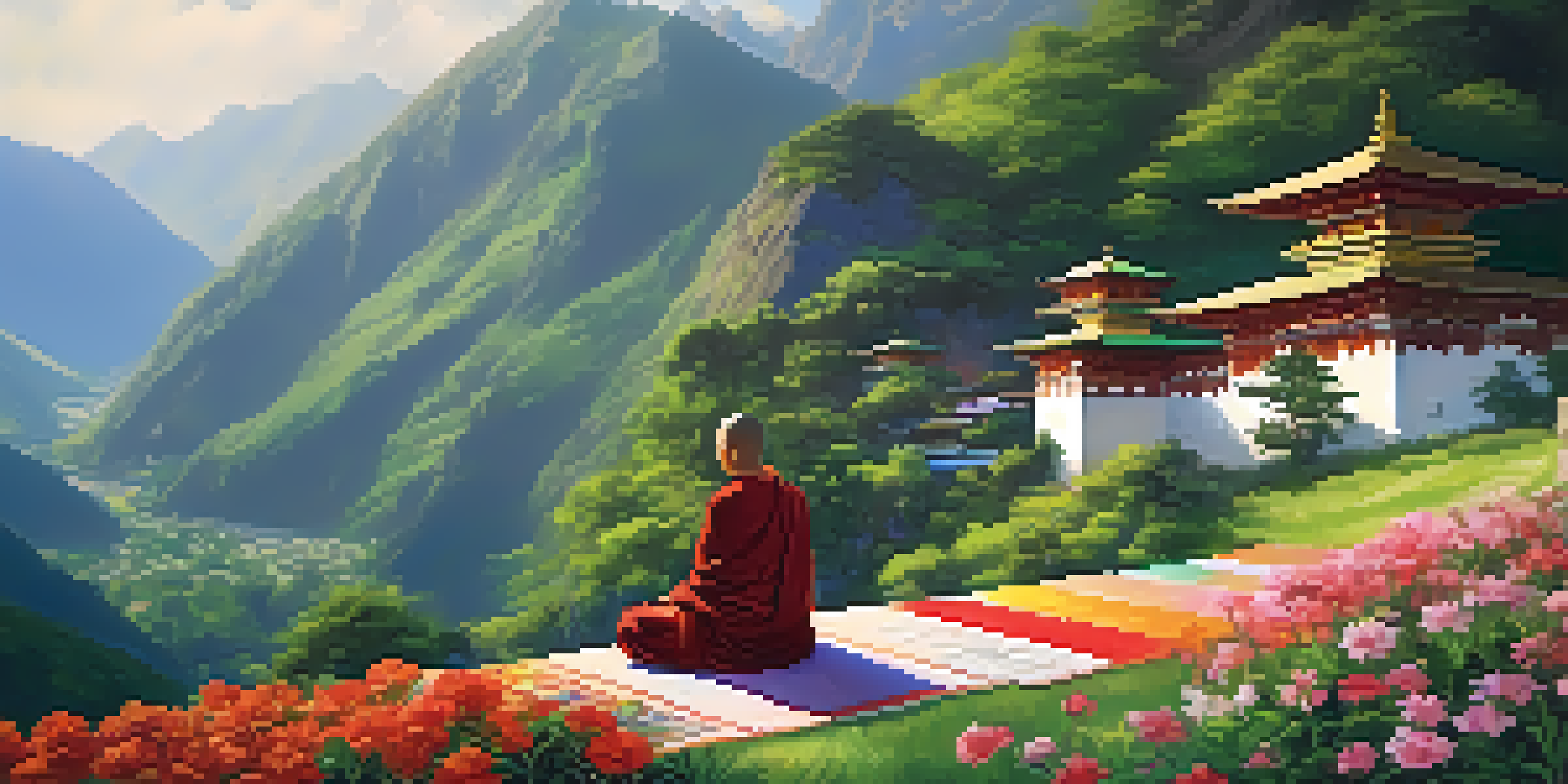 A peaceful Buddhist monastery surrounded by green mountains, with a person meditating on a stone path, colorful flowers, and prayer flags.