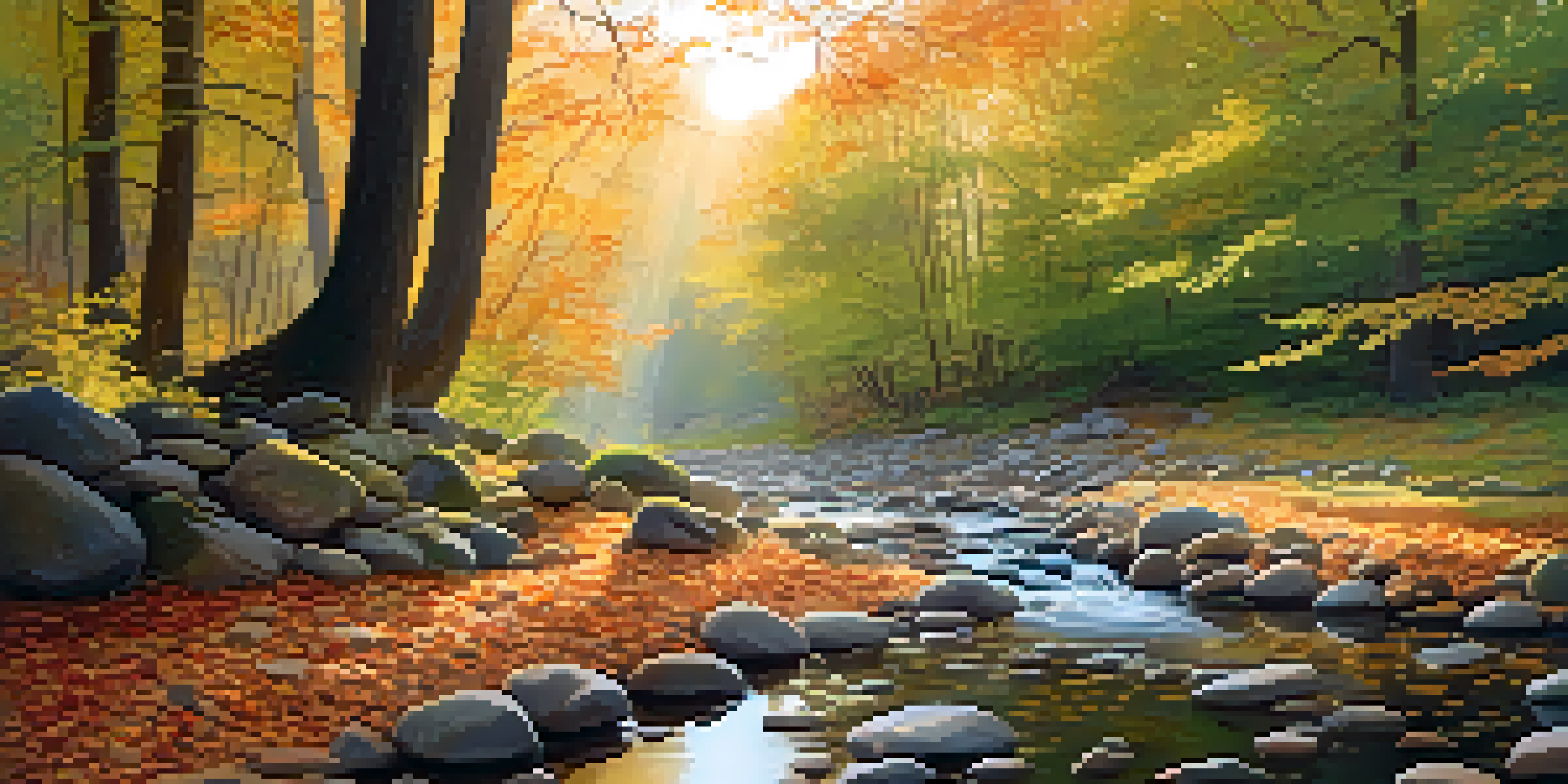 A tranquil forest at sunrise with golden light filtering through the leaves and a small stream flowing over stones.