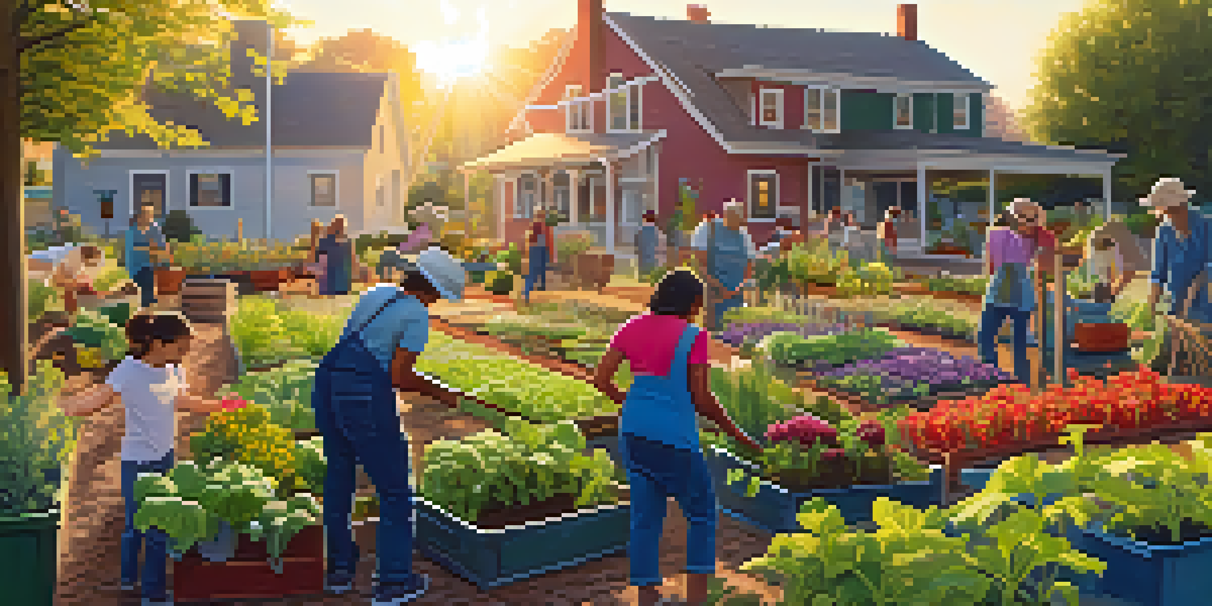 A community garden at sunrise with diverse individuals planting flowers and vegetables, highlighting harmony and connection.