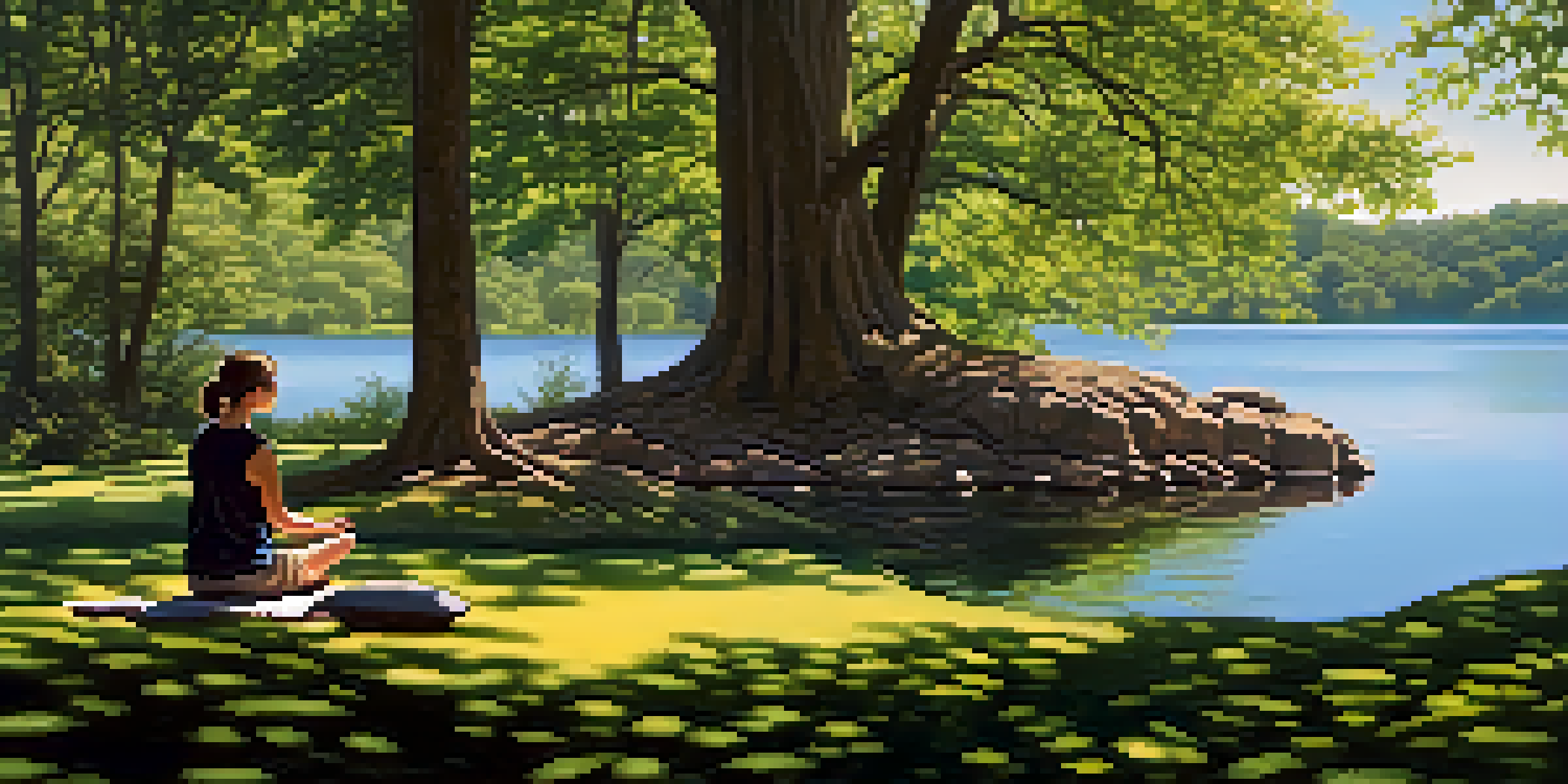 A person meditating by a calm lake surrounded by trees, with sunlight filtering through the leaves.