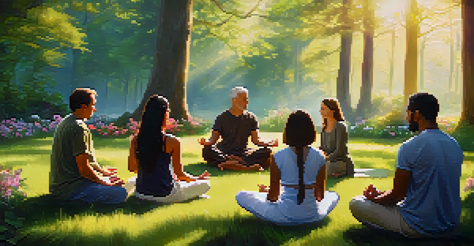 A group of people in a communal meditation circle outdoors, seated on grass with eyes closed, surrounded by nature.
