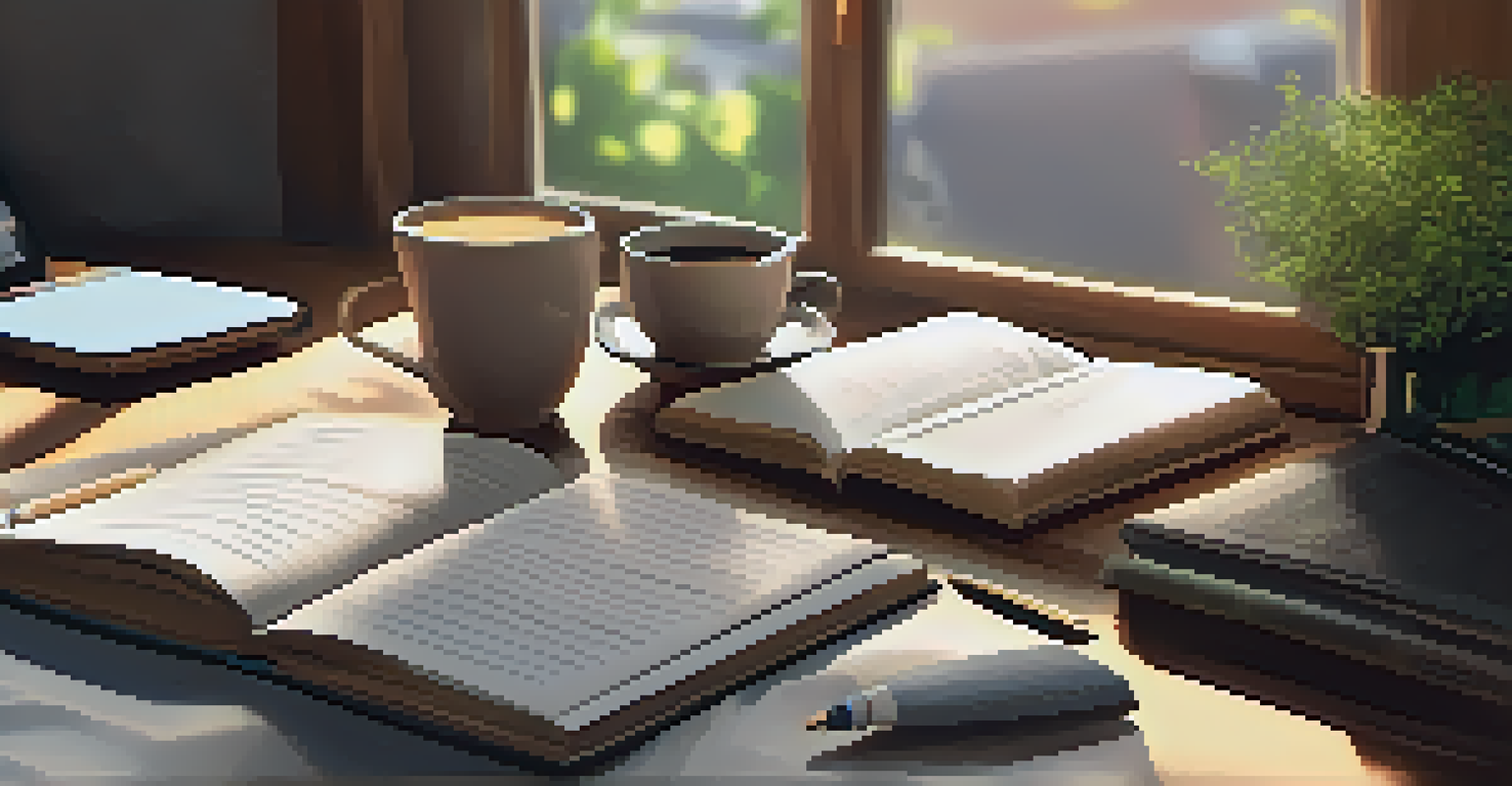 A wooden desk with a laptop open to a journaling app, a cup of tea, and a journal, bathed in soft sunlight.