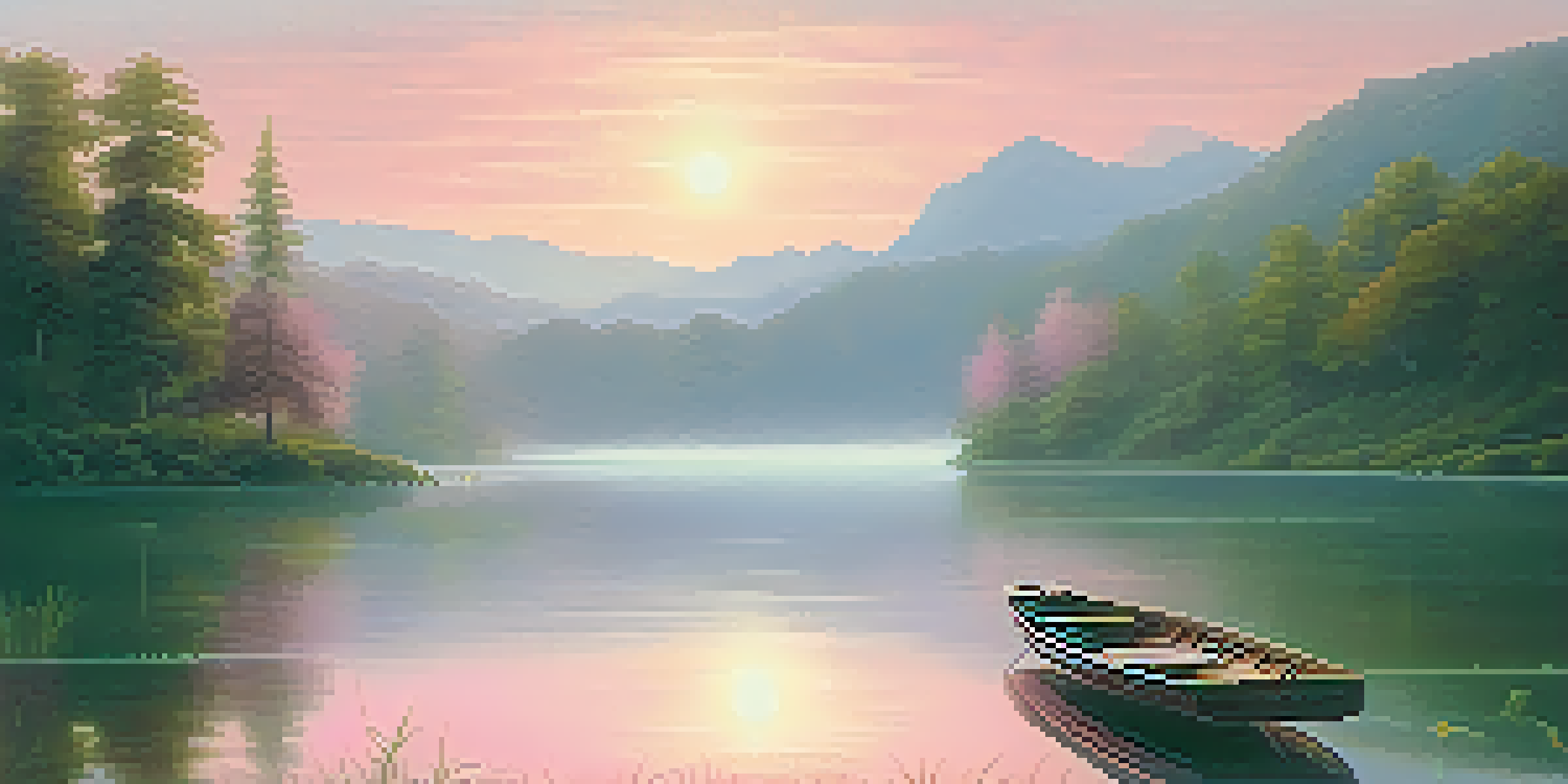 A peaceful sunrise over a tranquil lake, with mountains in the background and a small boat on the water.